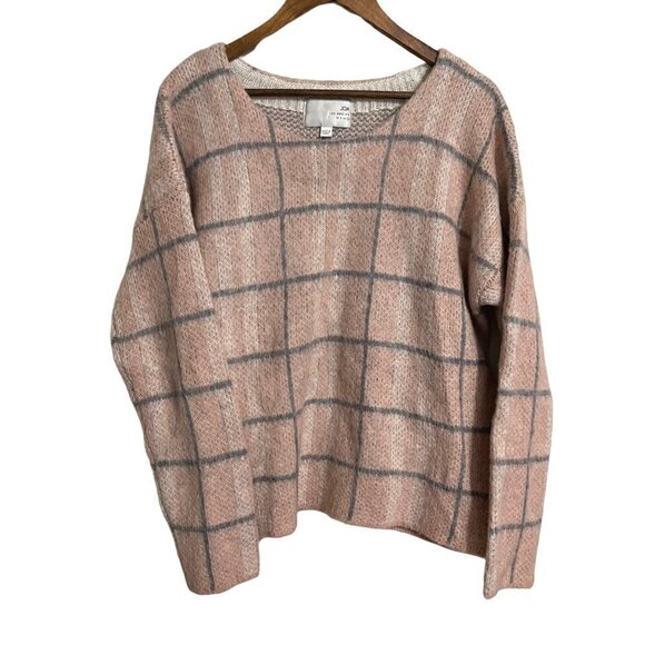 JOA Women's Pink Window Pane Plaid Wool Mohair Blend Round Neck Sweater Large - Picture 1 of 4